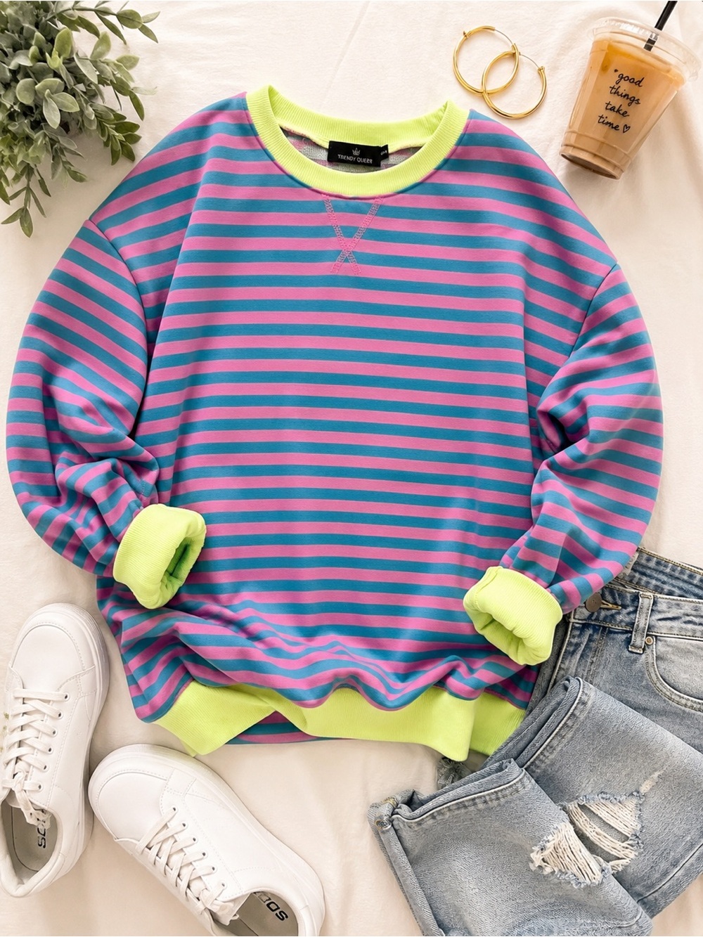 Colorblock Striped Oversized Sweatshirt Pink Teal Lime XL